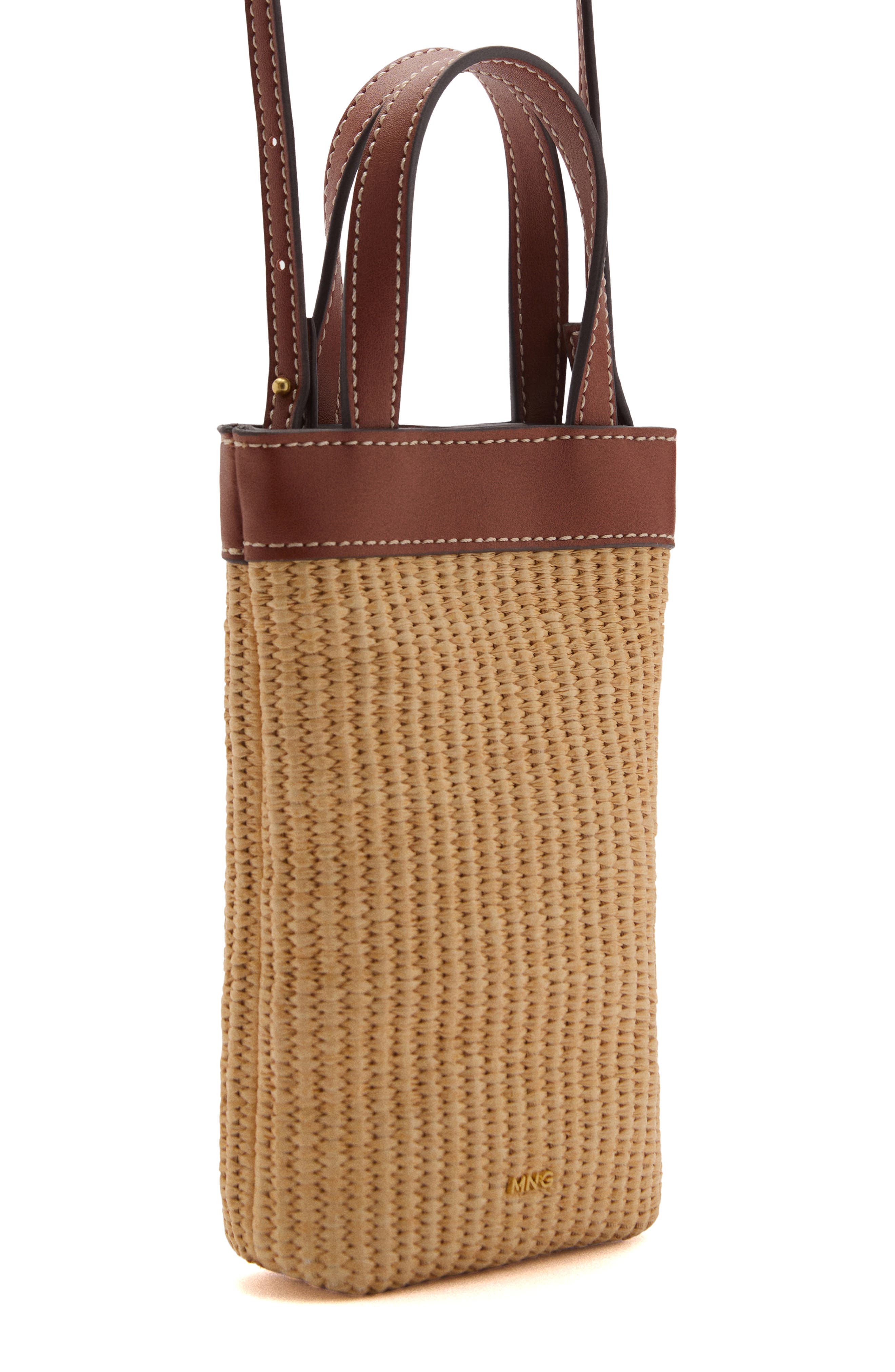MANGO Woven Raffia Crossbody Phone Bag, Alternate, color, Leather