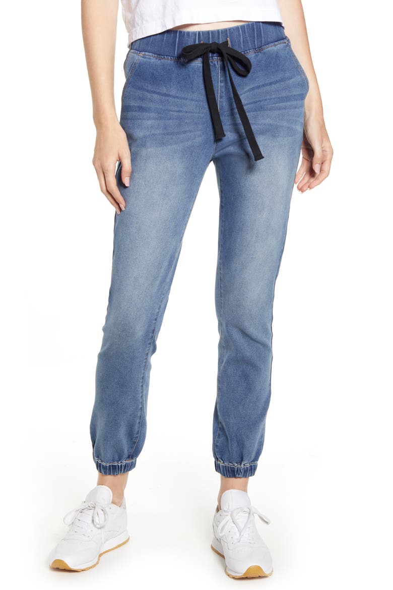 Tie Front Denim Jogger Pants, Main, color, MEDIUM WASH