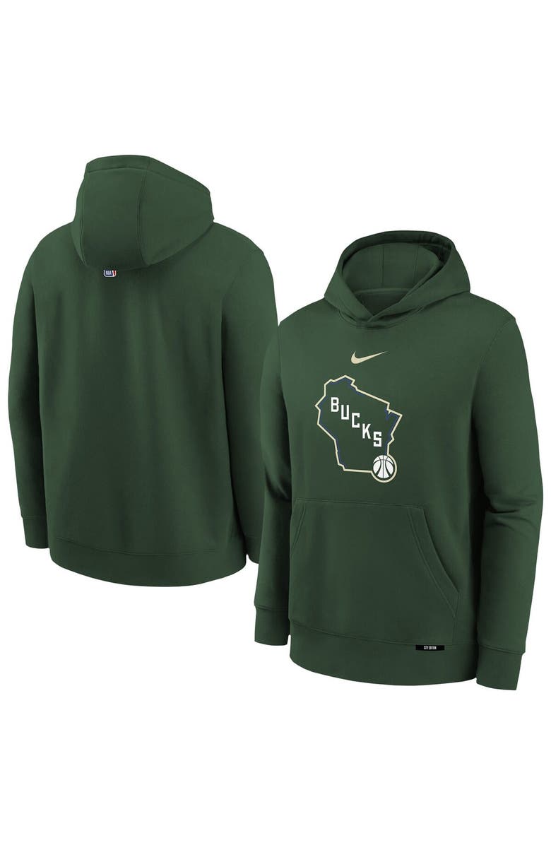 Nike Youth Nike Hunter Green Milwaukee Bucks 2025/26 City Edition Club Fleece Pullover Hoodie, Main, color, Hunter Green