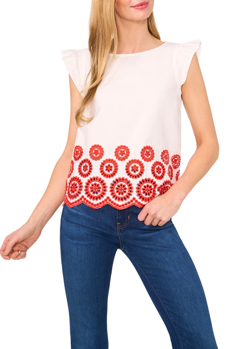 CeCe Embroidered Eyelet Ruffle Shoulder Cotton Top, Main, color, Fiery Red