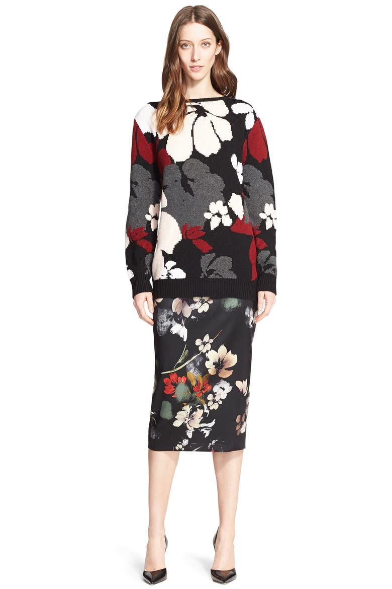 Floral Print Stretch Satin Pencil Skirt, Alternate, color, BLACK PAINTERLY FLORAL PRINT