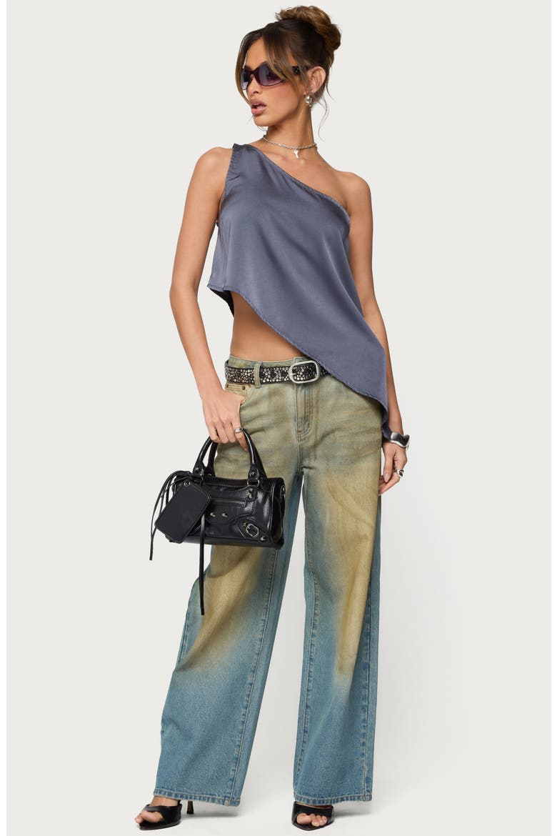 Asymmetric Satin One-Shoulder Top, Alternate, color, DARK-GRAY