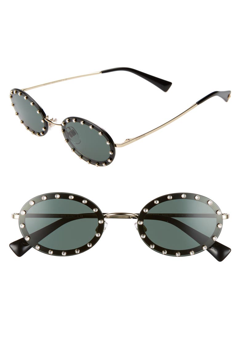 51mm Crystal Rockstud Oval Sunglasses, Main, color, BLACK/ GREEN SOLID