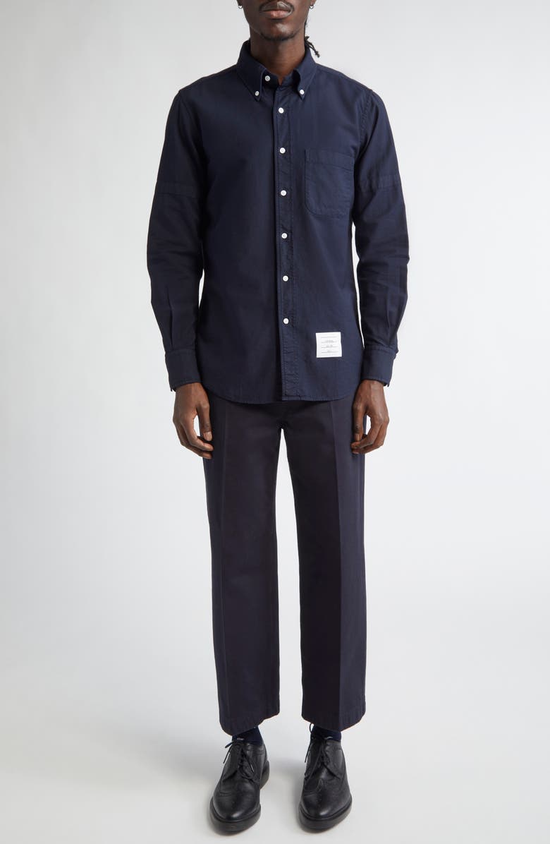 Thom Browne Armband Straight Fit Cotton Poplin Button-Down Shirt, Alternate, color, Navy