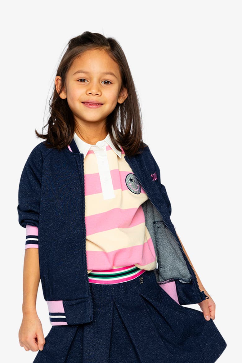 French Terry Appliqué Patch Full Zip Bomber Jacket, Alternate, color, Navy Blue Denim