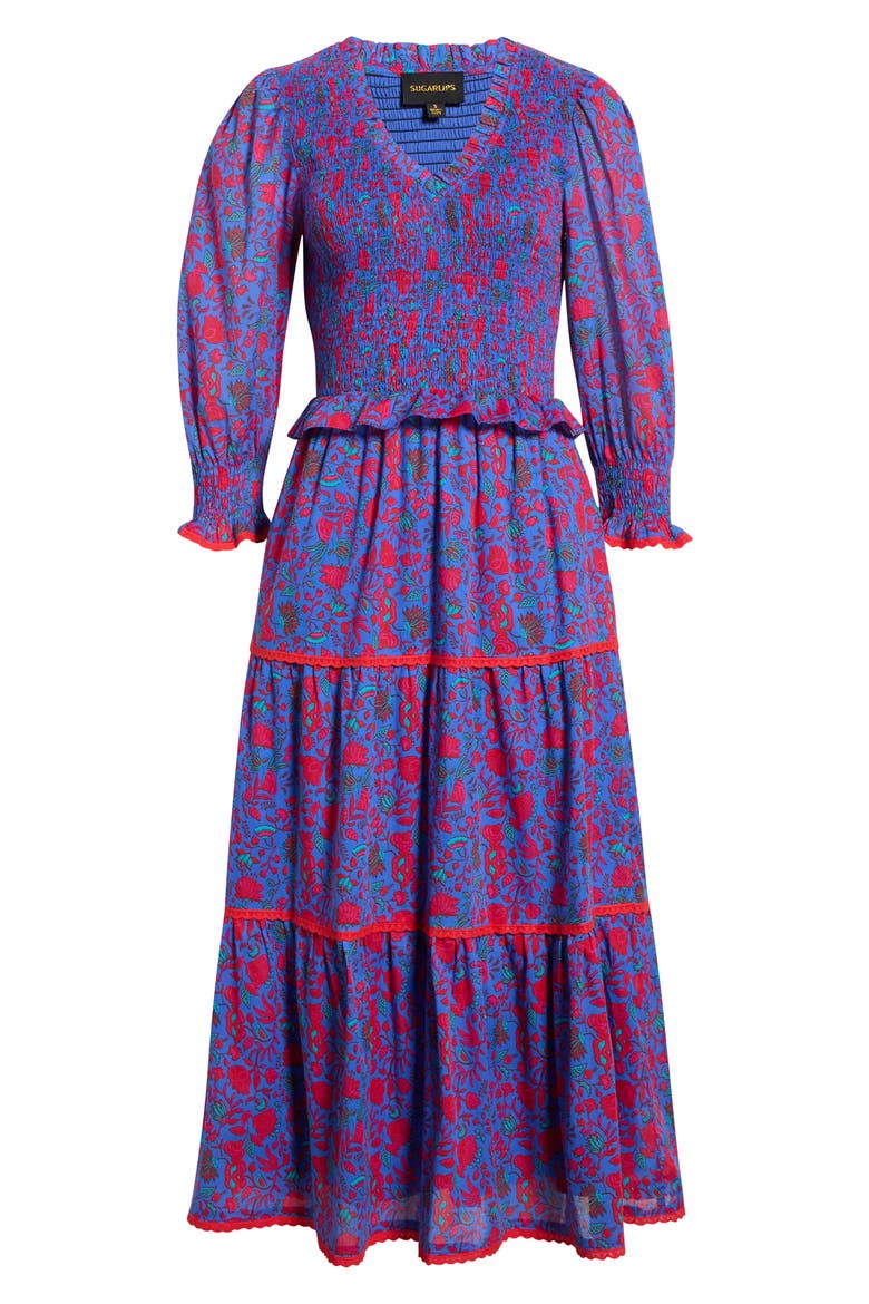 Tanya Floral Print Long Sleeve Smocked Dress, Alternate, color, BLUE-FUCHSIA