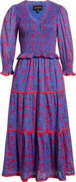 SUGARLIPS Tanya Floral Print Long Sleeve Smocked Dress