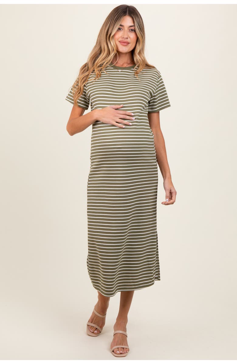 PinkBlush Striped Short Sleeve Side Slit T-Shirt Midi Dress, Main, color, Olive Green