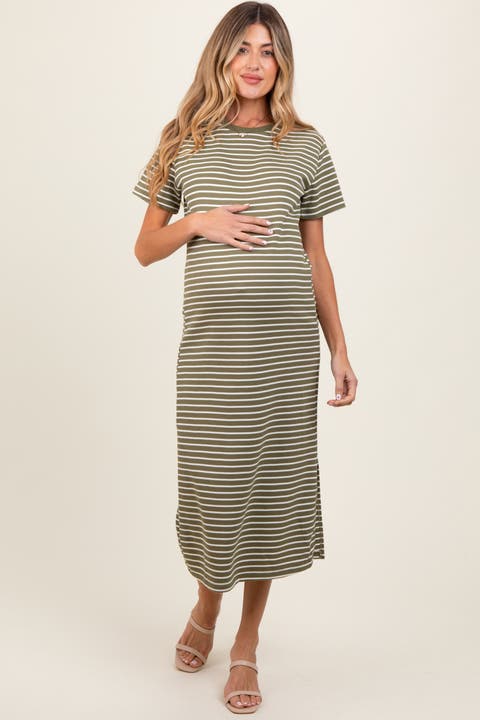 Striped Short Sleeve Side Slit T-Shirt Midi Dress