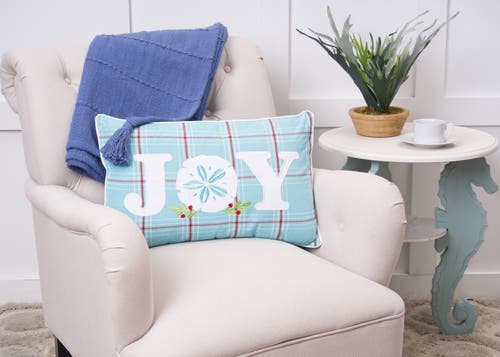 C & F Home C&f Home Plaid "joy" Holly Branch Sand Dollar Embroidered Pillow, 14" X 22" In Blue
