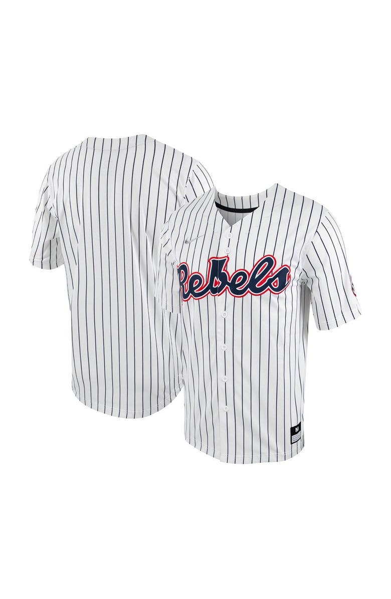 Nike Men's Nike White/Navy Ole Miss Rebels Pinstripe Replica Full-Button Baseball Jersey, Main, color, White