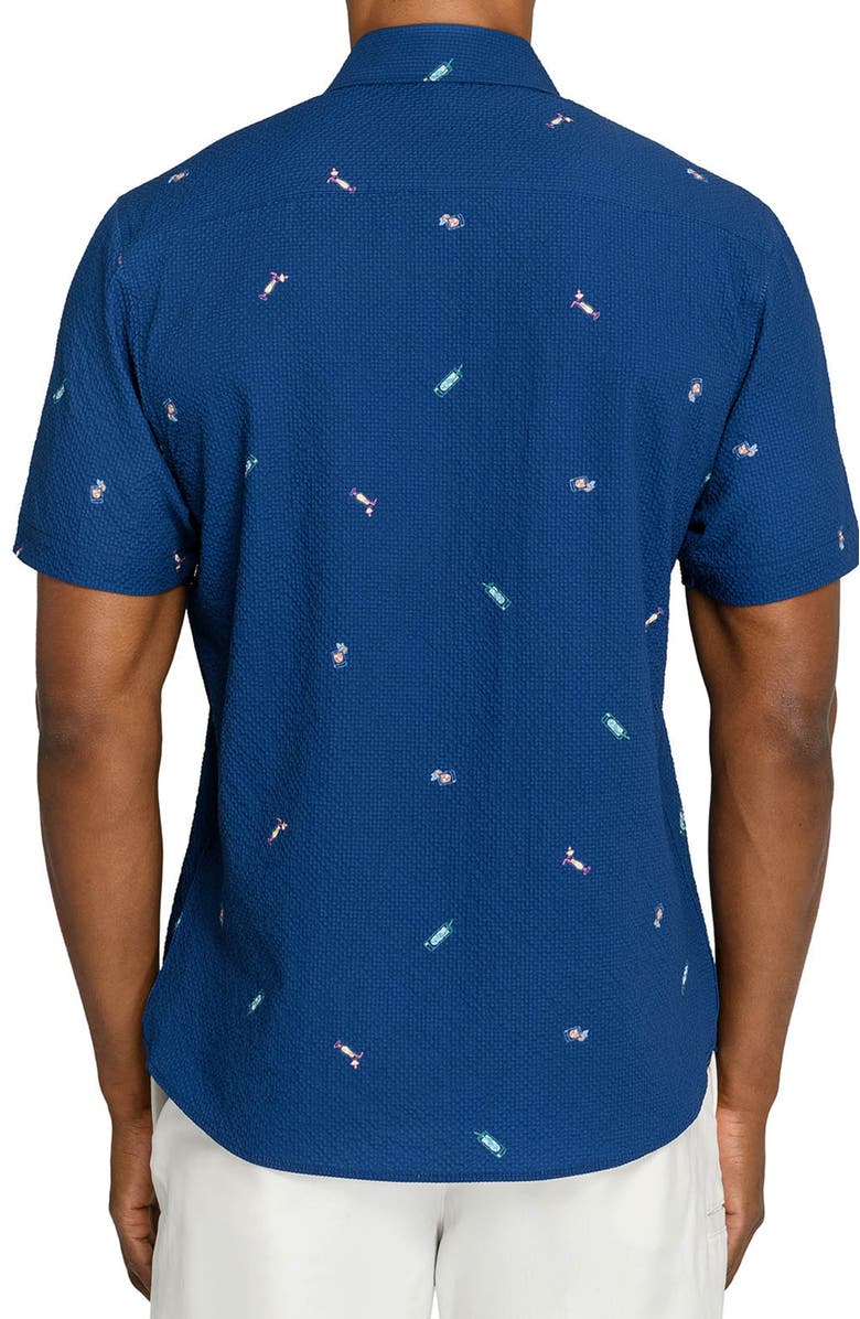 CONSTRUCT Slim Fit Tropical Drinks Woven Short Sleeve Seersucker, Alternate, color, Navy/Green