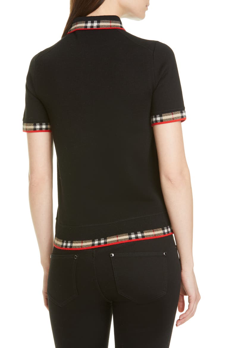 Lola Check Trim Merino Wool Blend Polo Sweater, Alternate, color, BLACK