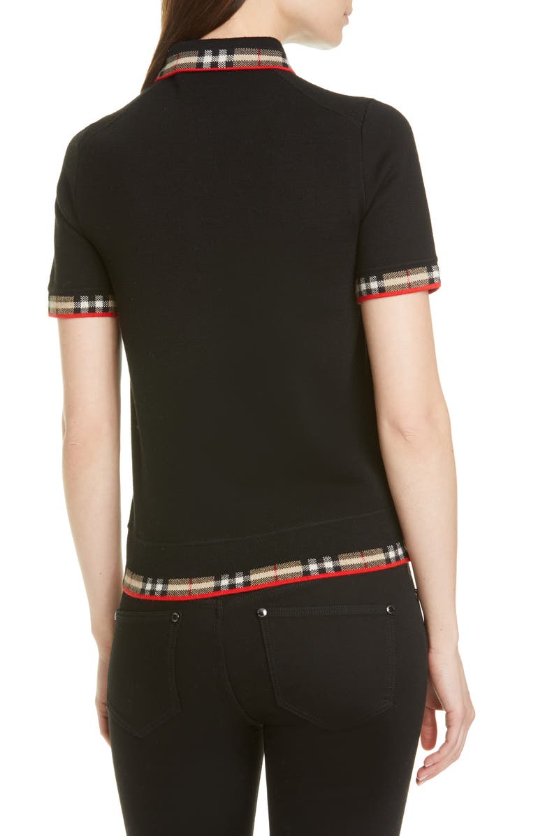 Burberry Lola Check Trim Merino Wool Blend Polo Sweater, Alternate, color, 