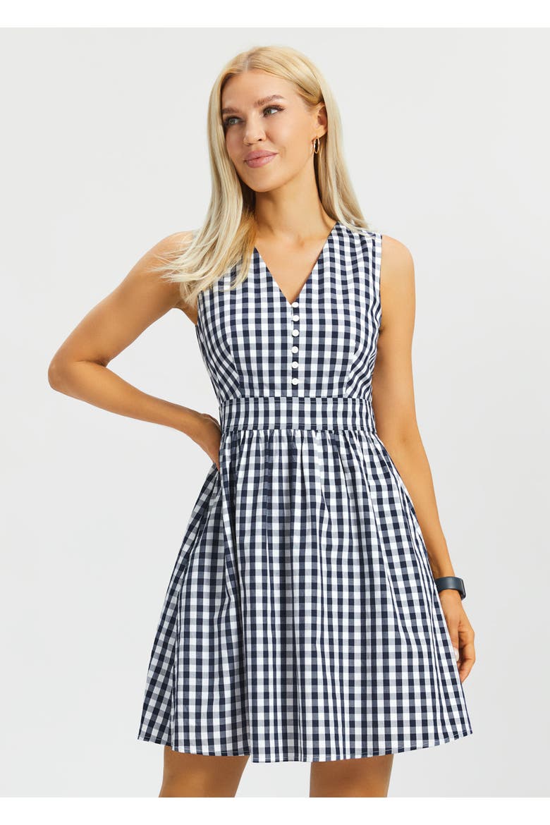 Gingham Fit and Flare Dress, Main, color, Navy