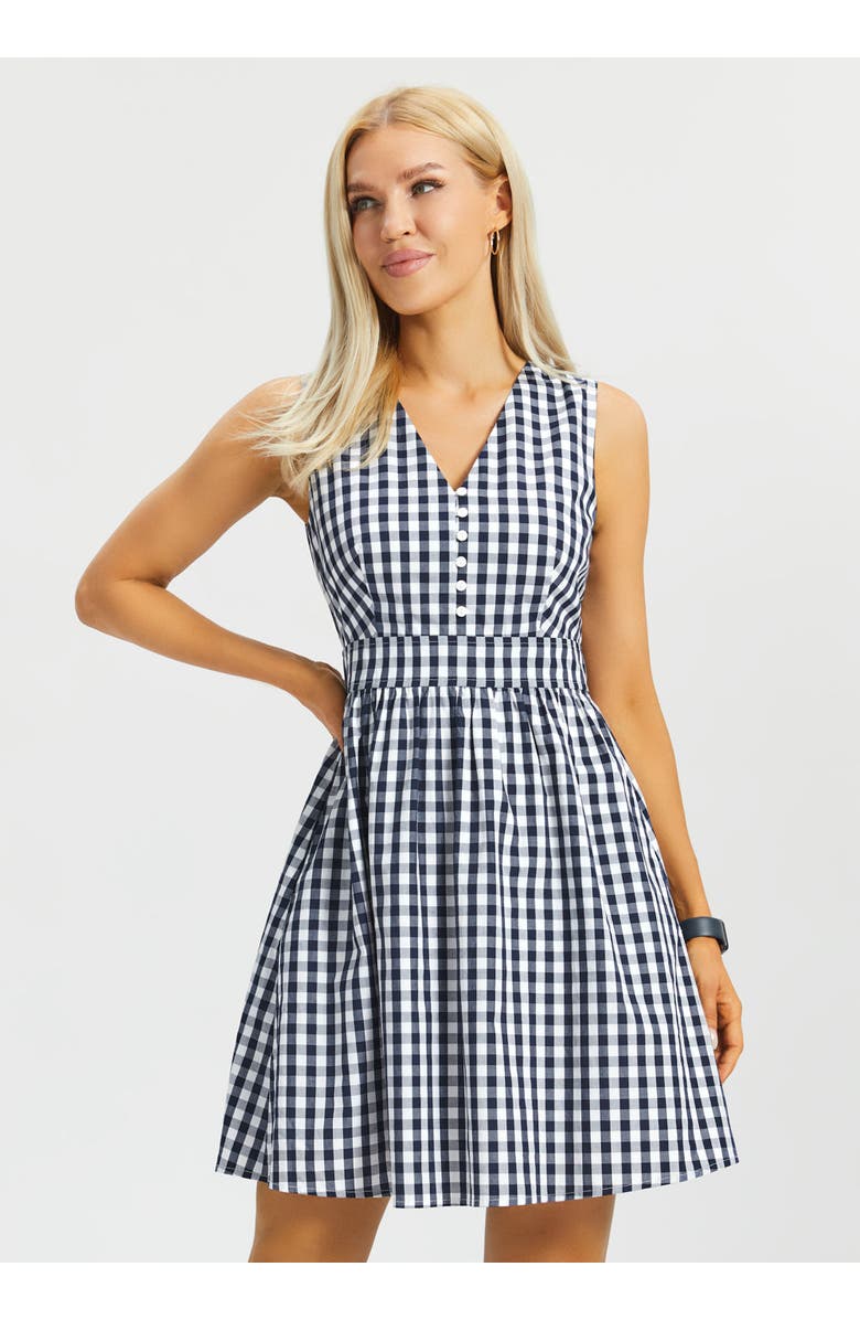 Betabrand Gingham Fit and Flare Dress, Main, color, Navy