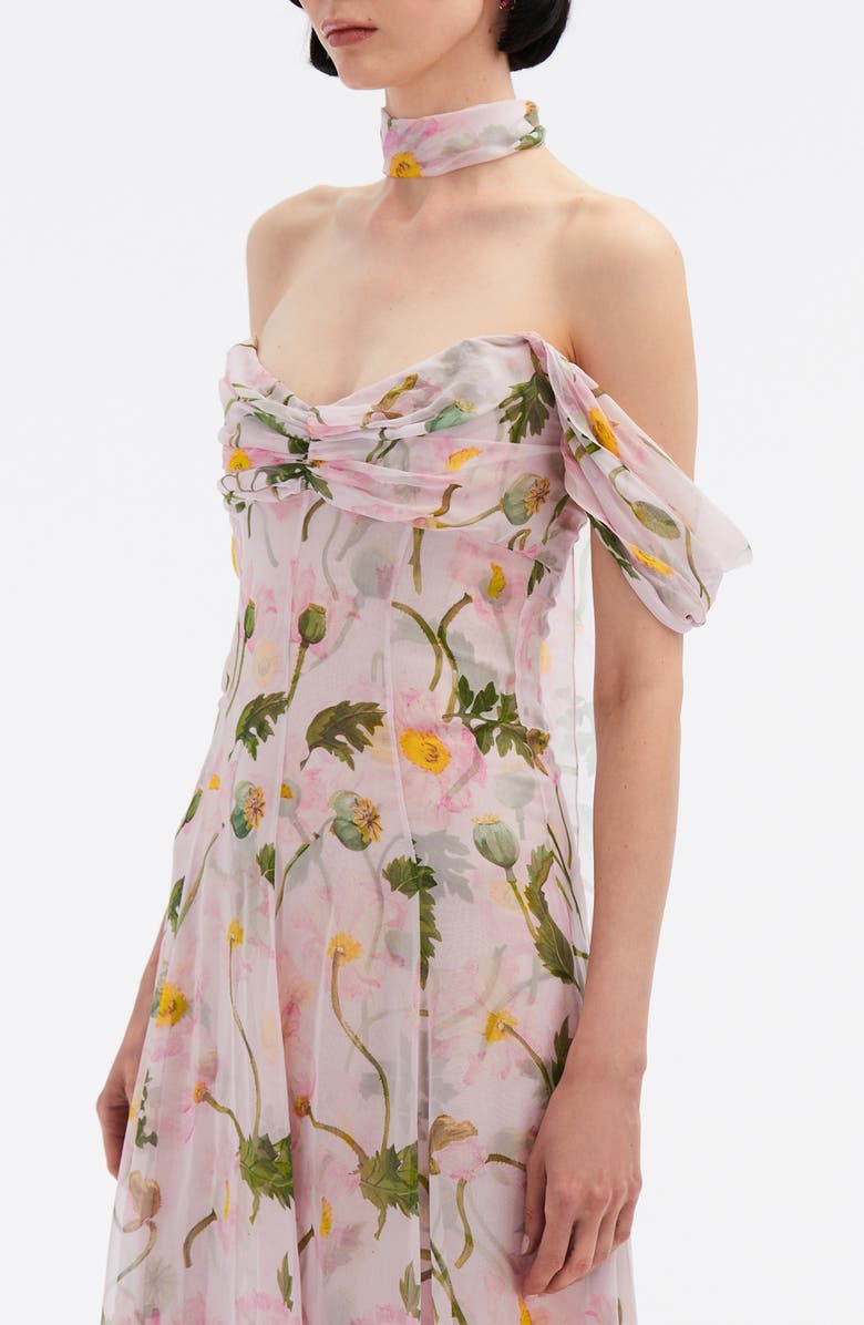 Oscar de la Renta Poppy Print Ruched Off the Shoulder Silk Chiffon Gown, Alternate, color,