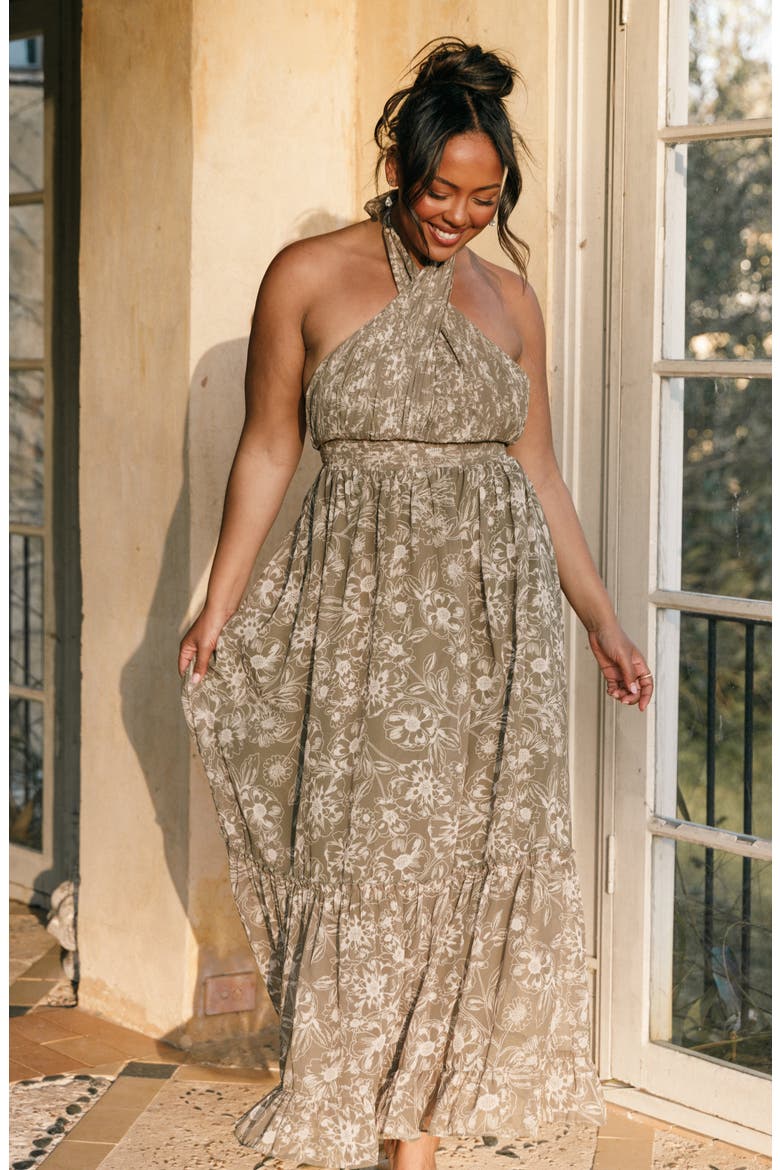 Lennon Floral Halter Gown, Alternate, color, OLIVE FLORAL