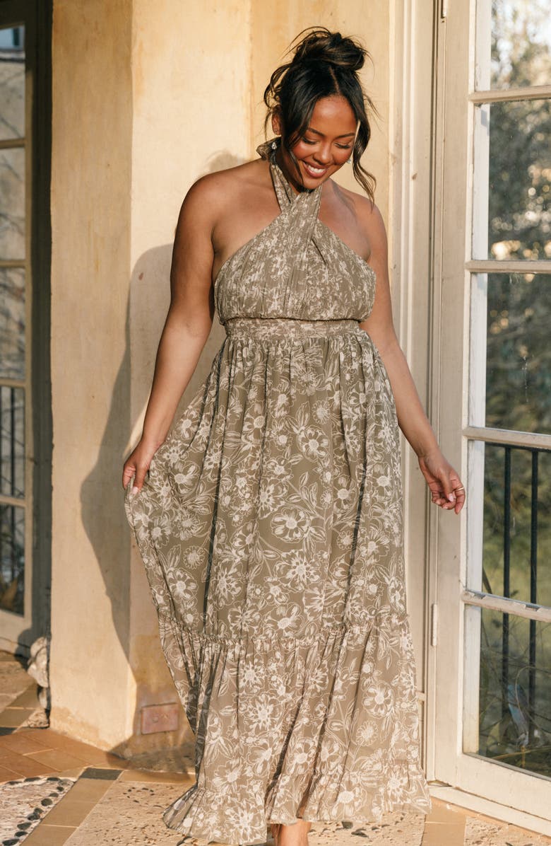 Petal & Pup Lennon Floral Halter Gown, Alternate, color, Olive Floral