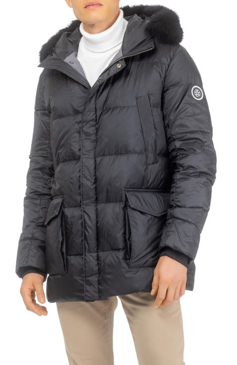 Mens Apres-Ski Jacket with Detachable Genuine Shearling Hood Trim
