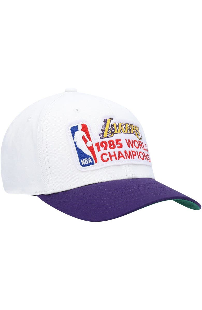 Mitchell & Ness Men's Mitchell & Ness White/Purple Los Angeles Lakers Hardwood Classics 1985 NBA World Champions Snapback Hat, Alternate, color,