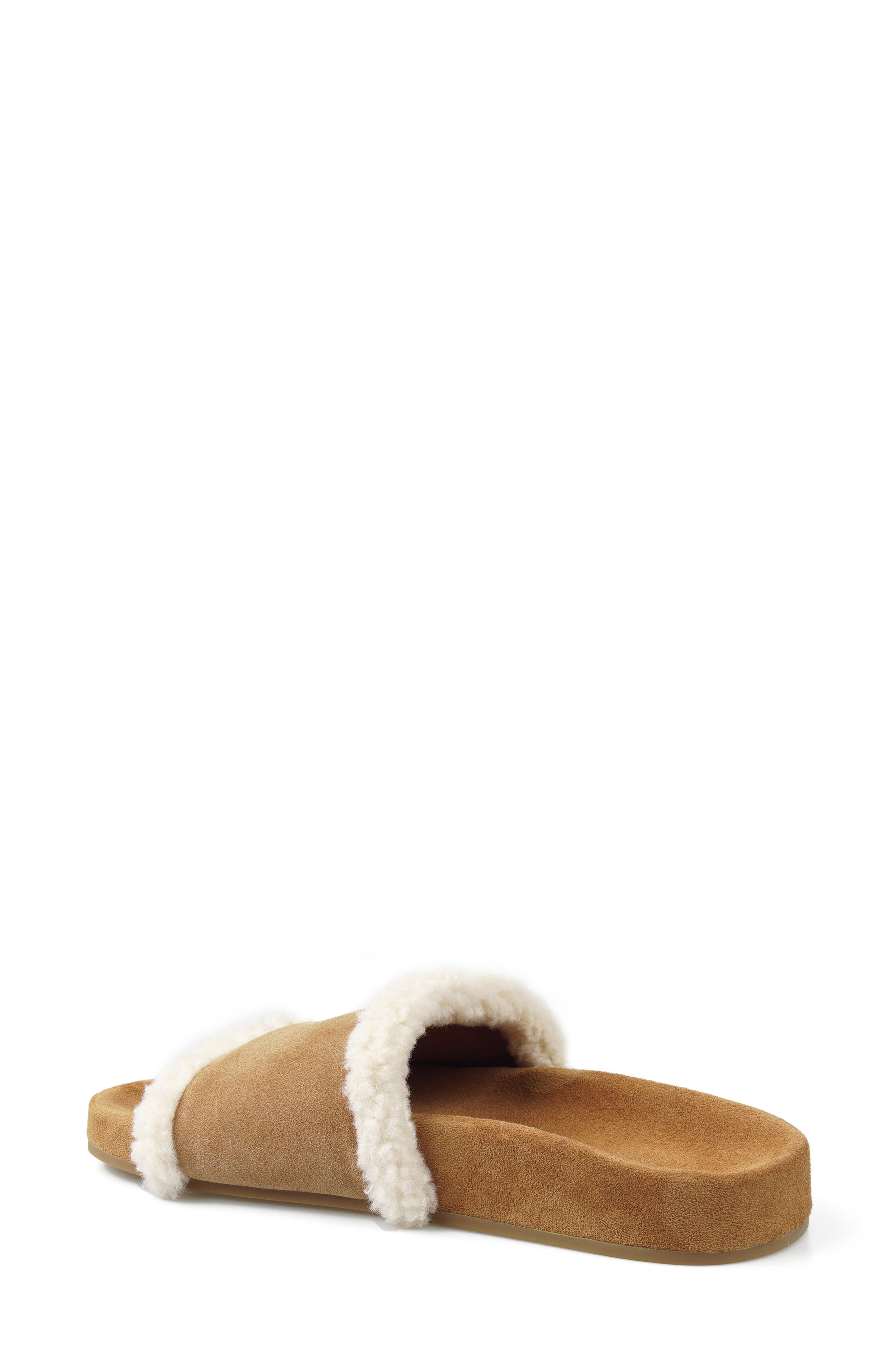 Tawney Faux Fur Trim Slide Sandal, Alternate, color, TAN SUEDE