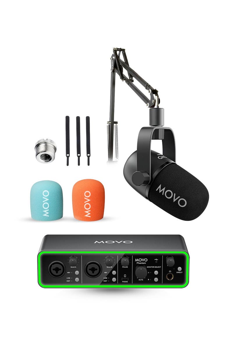 MOVO Music Audio Interface Bundle with USB Interface, Dynamic Microphone, and Boom Arm, Main, color, Black