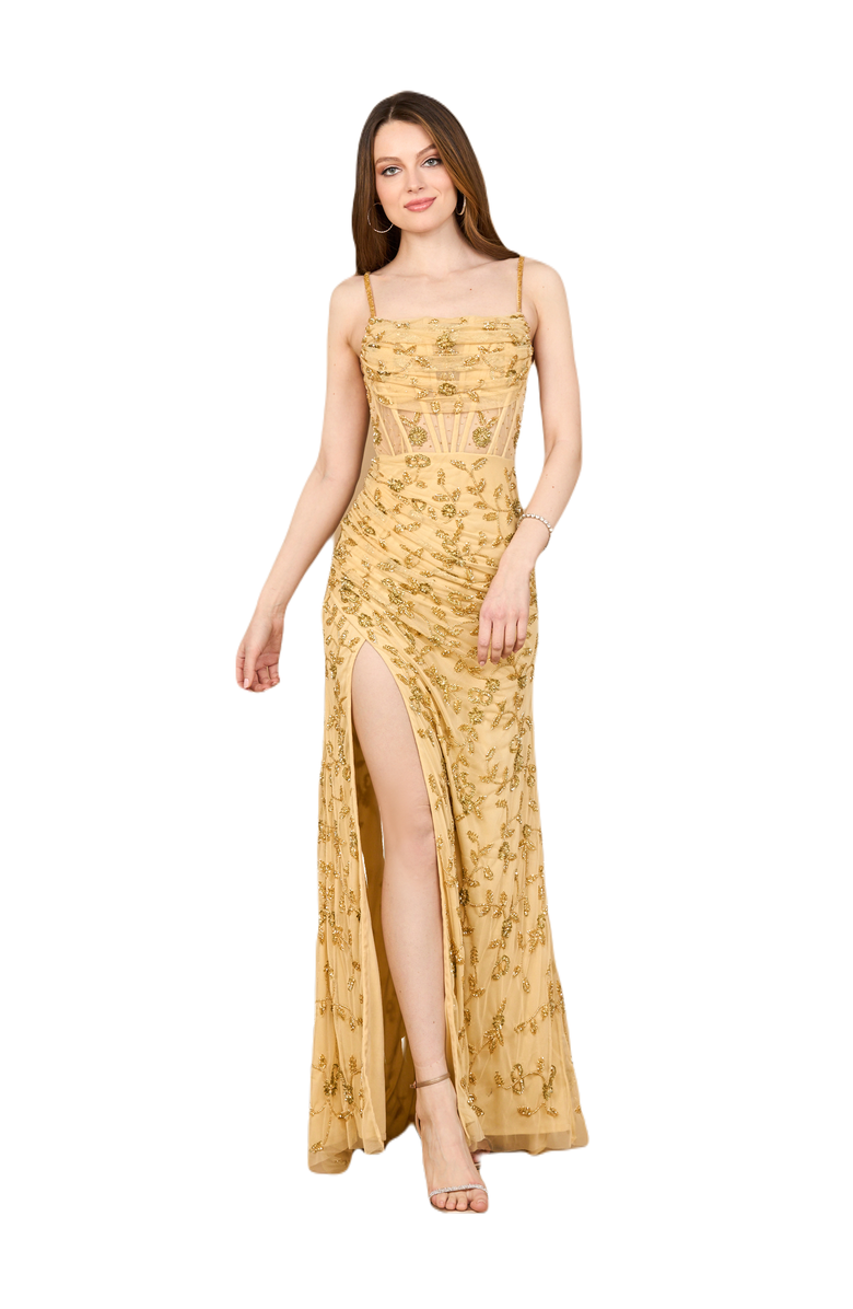LARA New York Beaded Corset Gown with Slit, Main, color, Gold