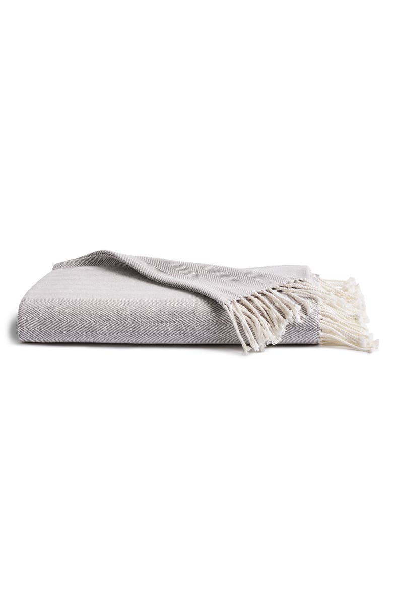 Petite Plume Herringbone Fringe Cotton Throw Blanket, Main, color, Grey