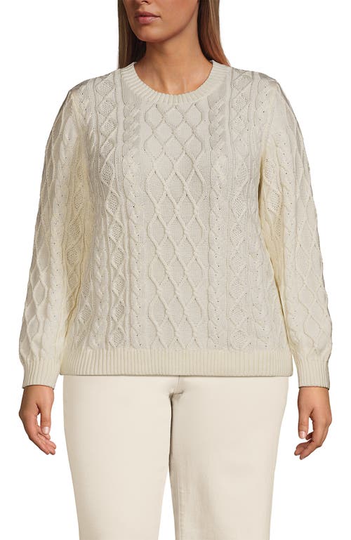 Lands' End Plus Size Aran Cable Crew Neck Sweater In Fresh Ivory