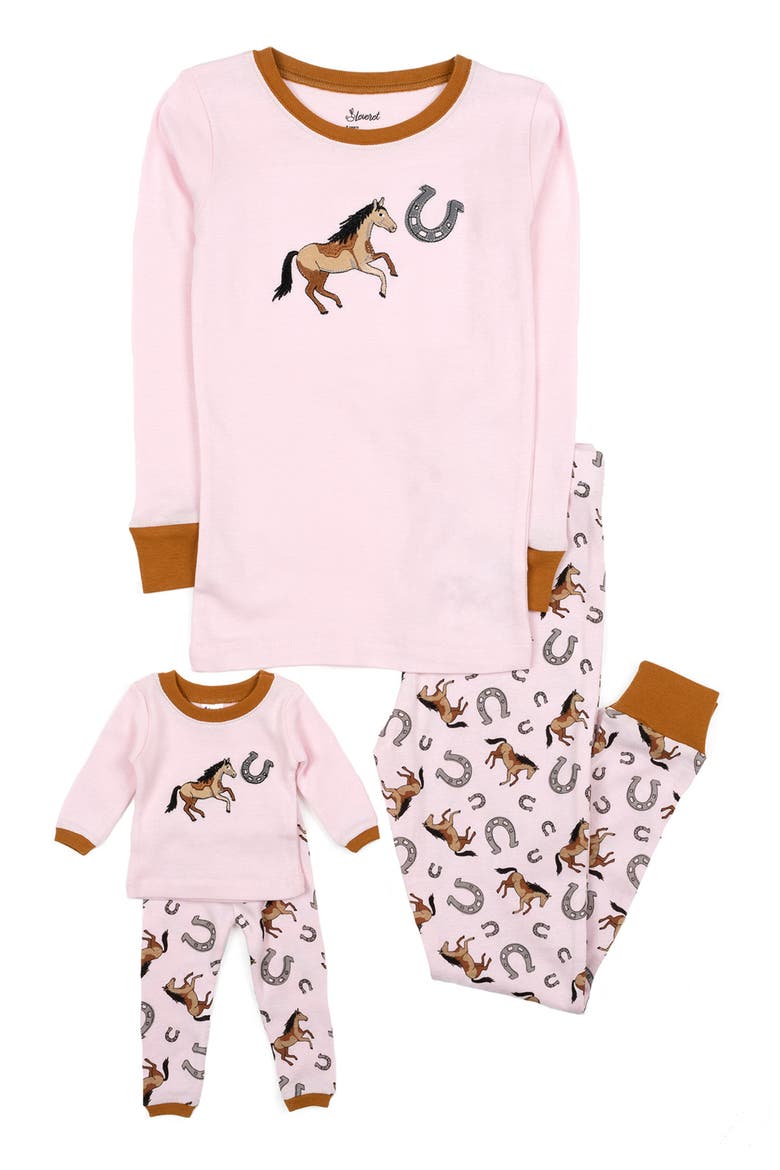 Horse Horseshoe Print Girl and Doll Cotton Pajama Set, Main, color, PINK