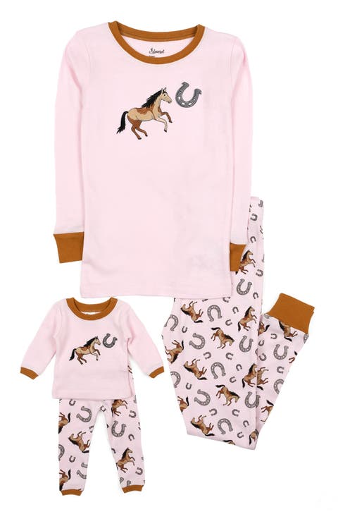 LEVERET Horse Horseshoe Print Girl and Doll Cotton Pajama Set
