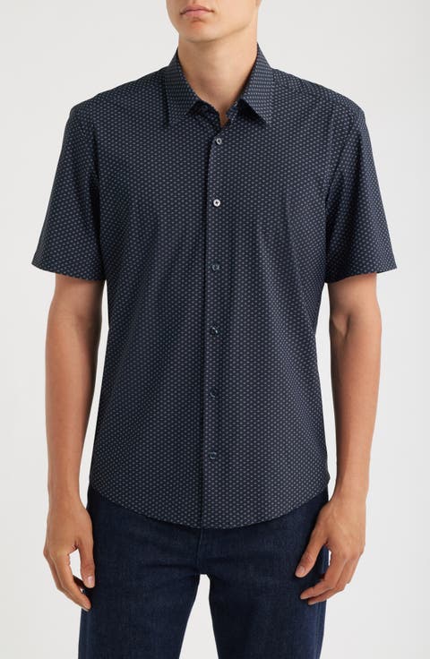 Liam Geo Print Short Sleeve Stretch Nylon Button-Up Shirt