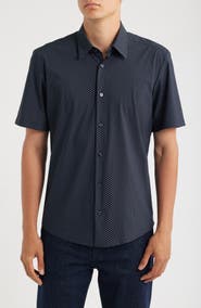 BOSS Liam Geo Print Short Sleeve Stretch Nylon Button-Up Shirt