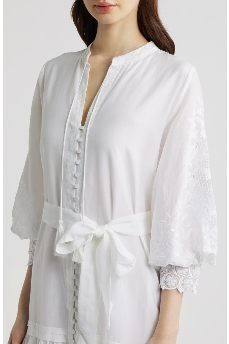 Erica Embroidered Detail Long Sleeve Cotton & Silk Dress, Alternate, color, WHITE