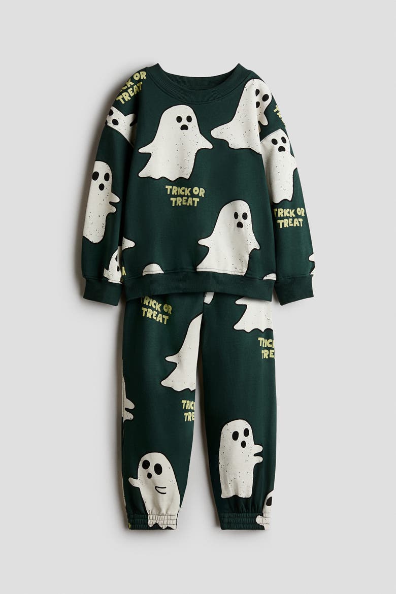 2-Piece Printed Sweatshirt And Joggers Set, Alternate, color, Dark green/ghosts