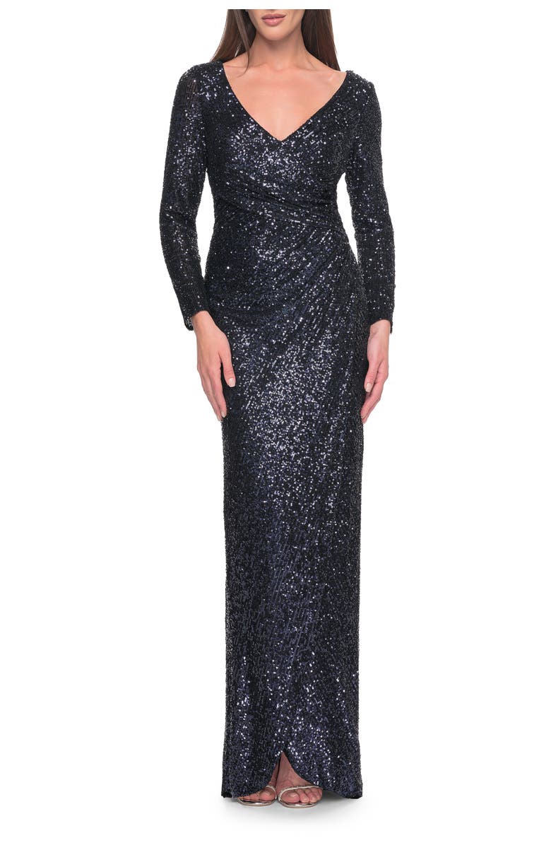 La Femme Long Sleeve Sequin Evening Dress with Ruching, Main, color, Navy