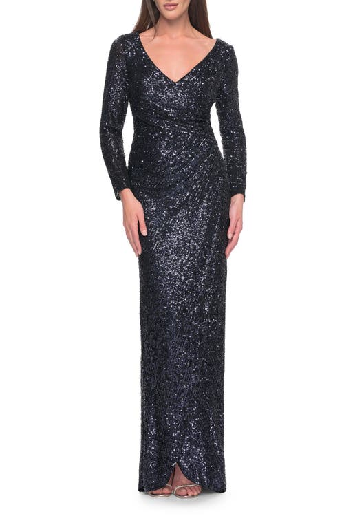 La Femme Long Sleeve Sequin Evening Dress With Ruching In Navy