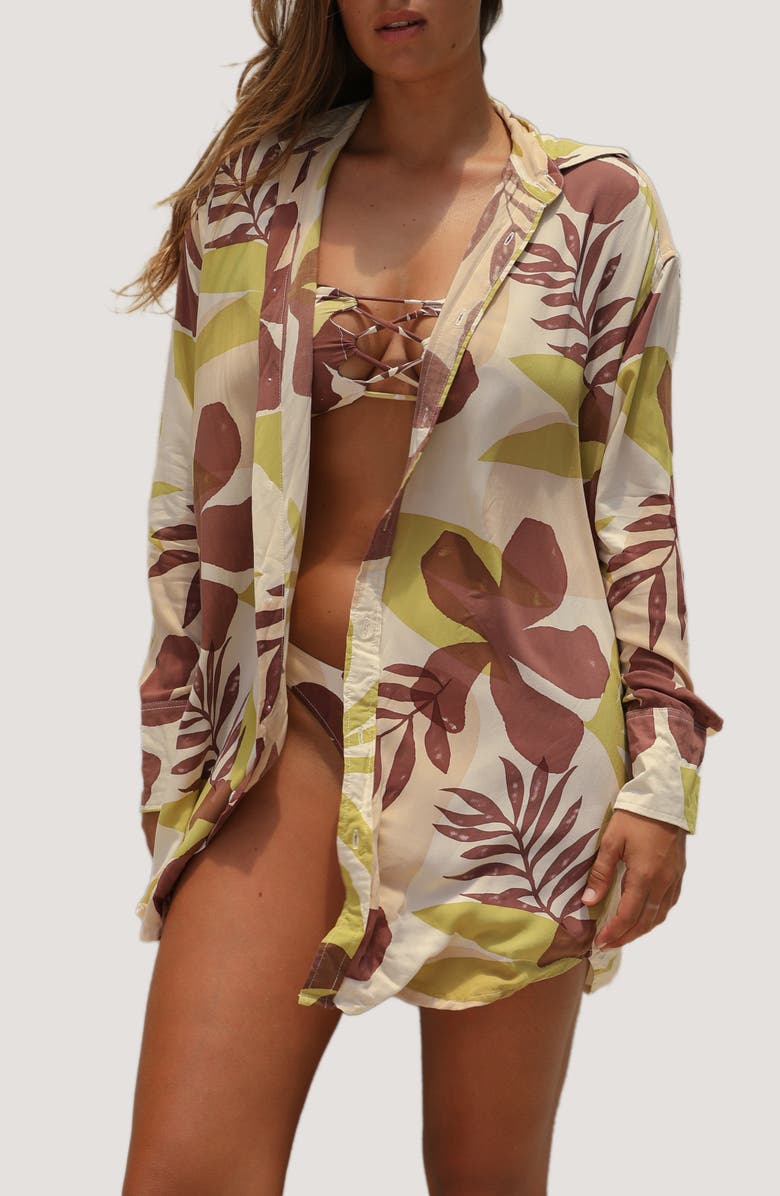 Stone Fox Print Long Sleeve Cover-Up Shirtdress, Main, color, 