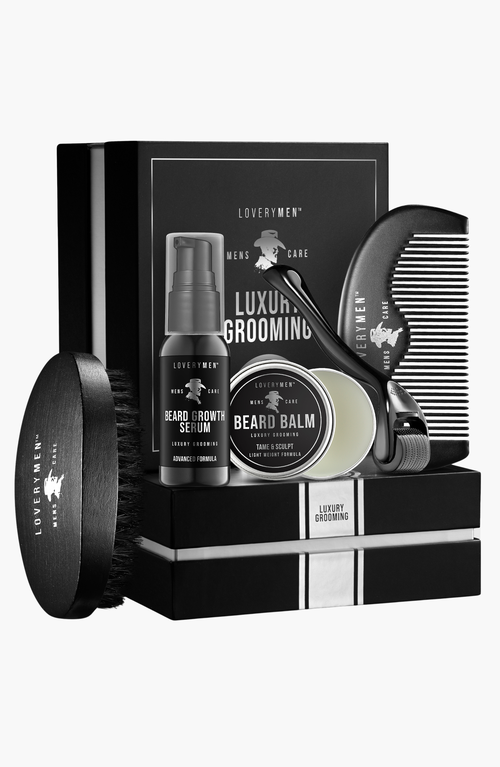 Lovery 5 Piece Beard Growth Kit With Growth Serum, Balm, Derma Roller, Comb, Brush