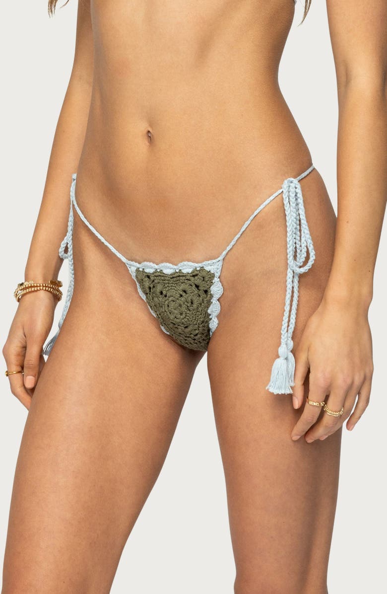 EDIKTED Crochet String Bikini Bottoms, Alternate, color, Green