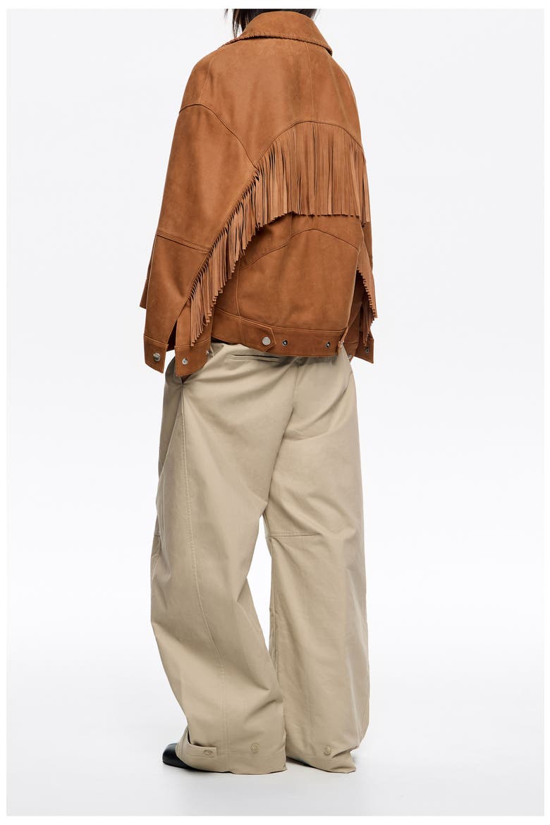 Leather Double-Breasted Fringed Leather Jacket, Alternate, color, TOBACCO