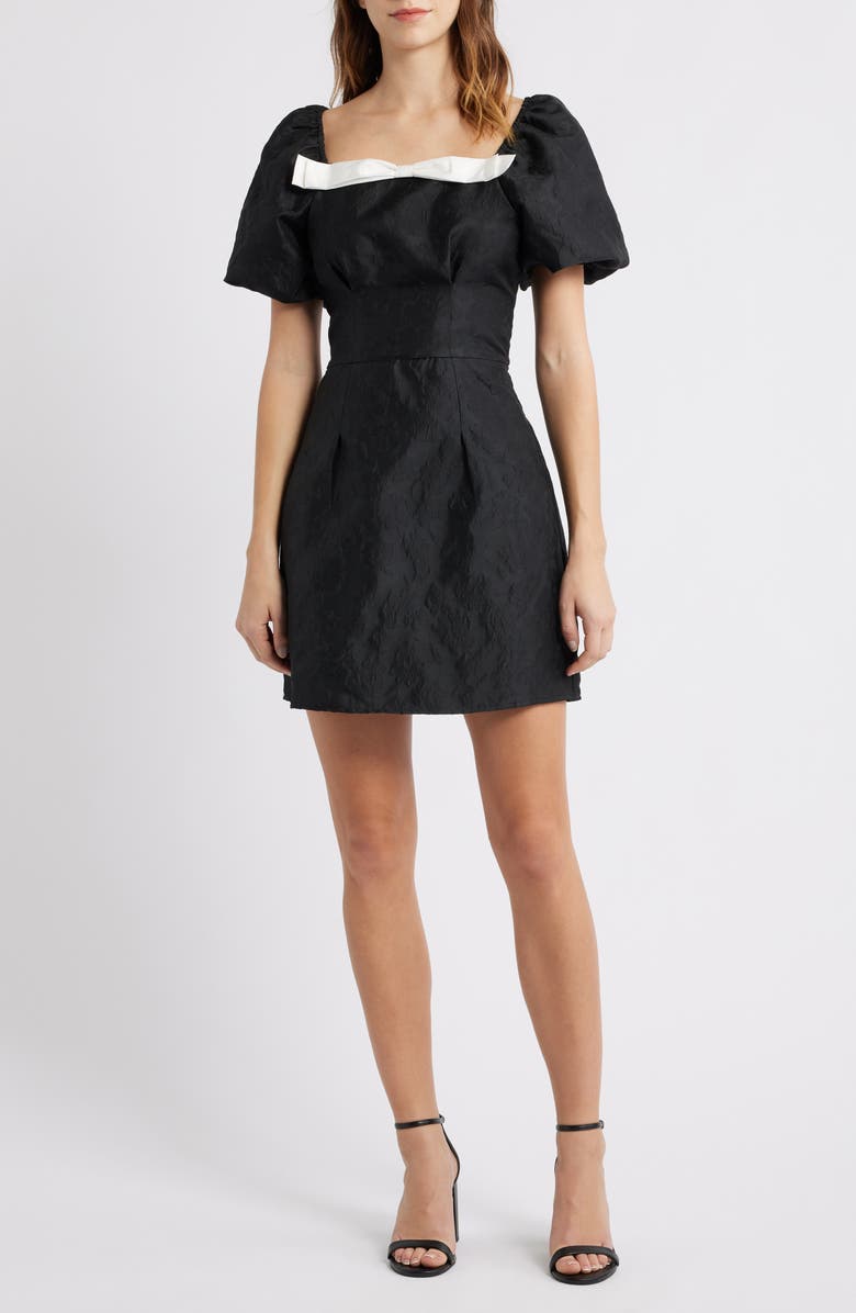 Sister Jane Puff Sleeve Jacquard Cocktail Minidress, Main, color, Black