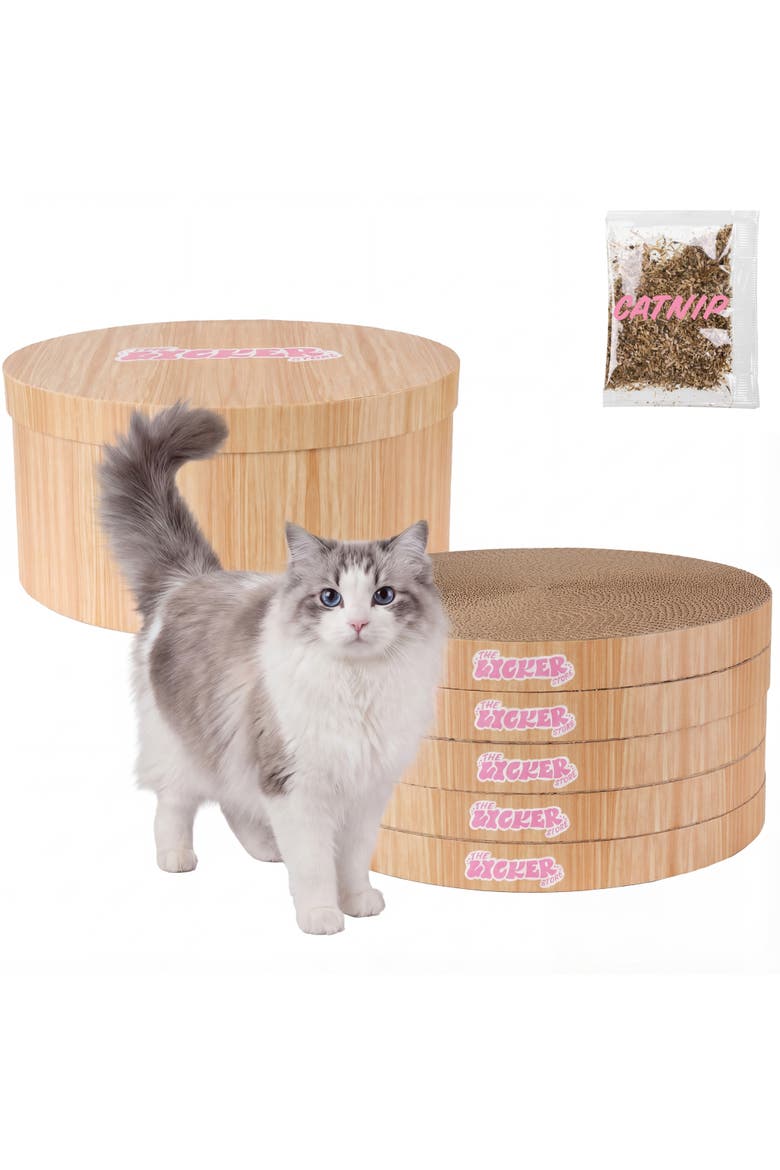 Kate Modern Patterned Cardboard Reversible Cat Scratcher Pad In Box with Catnip, Main, color, Brown Wood Grain Finish