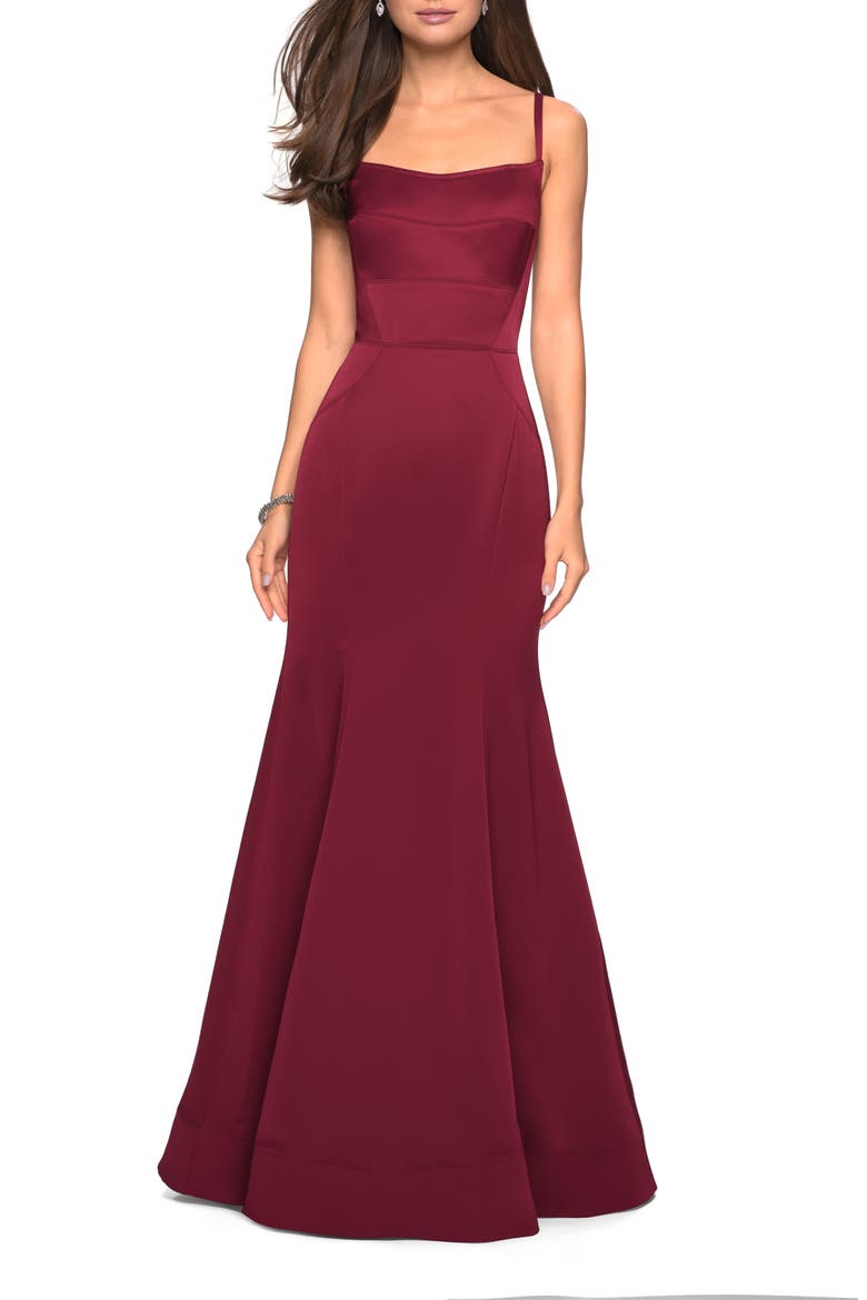 Fitted Long Dress with Seams and Large Gold Zipper, Main, color, BURGUNDY