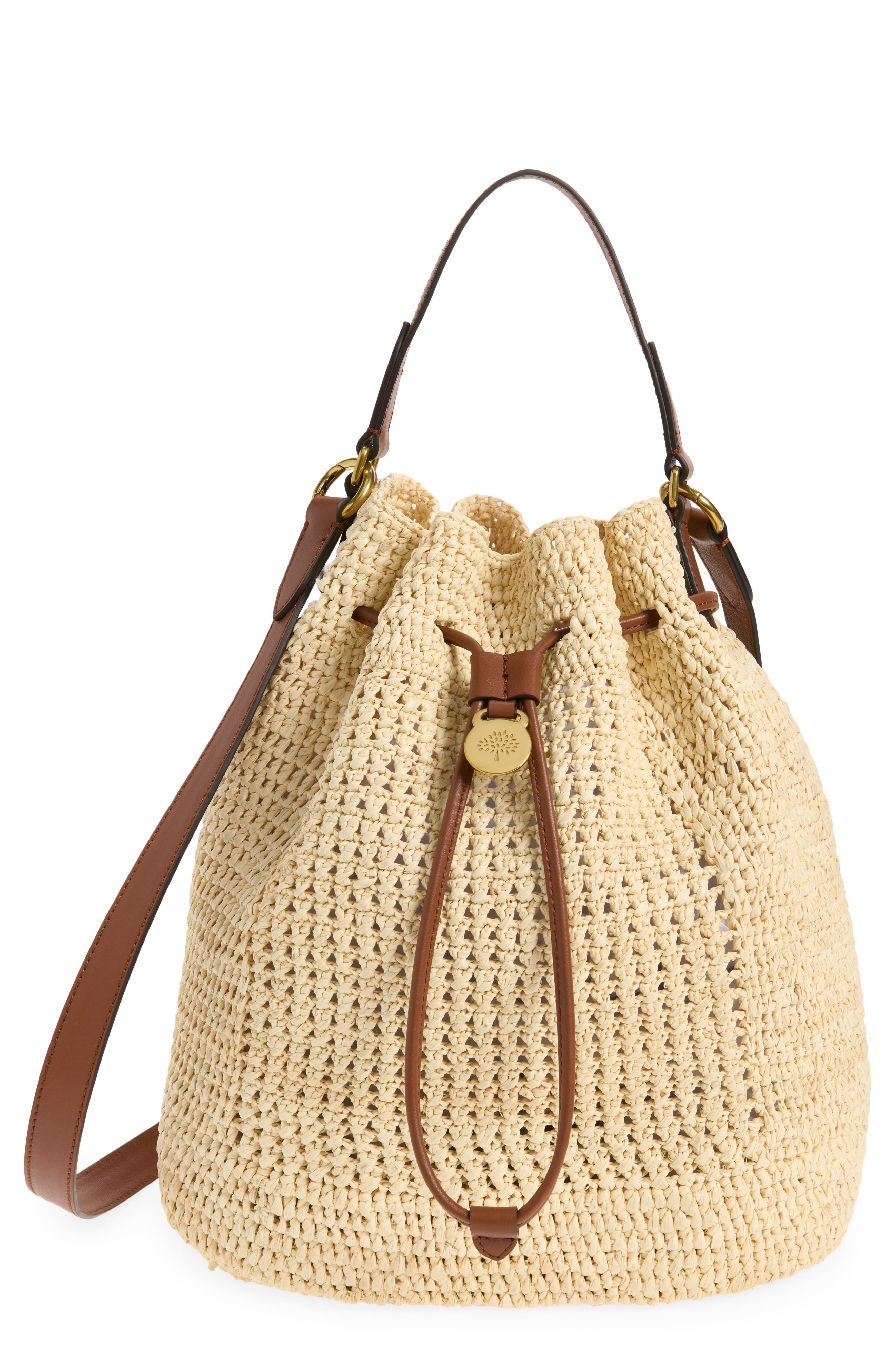 Mulberry Crochet Raffia Bucket Bag, Main, color, Natural
