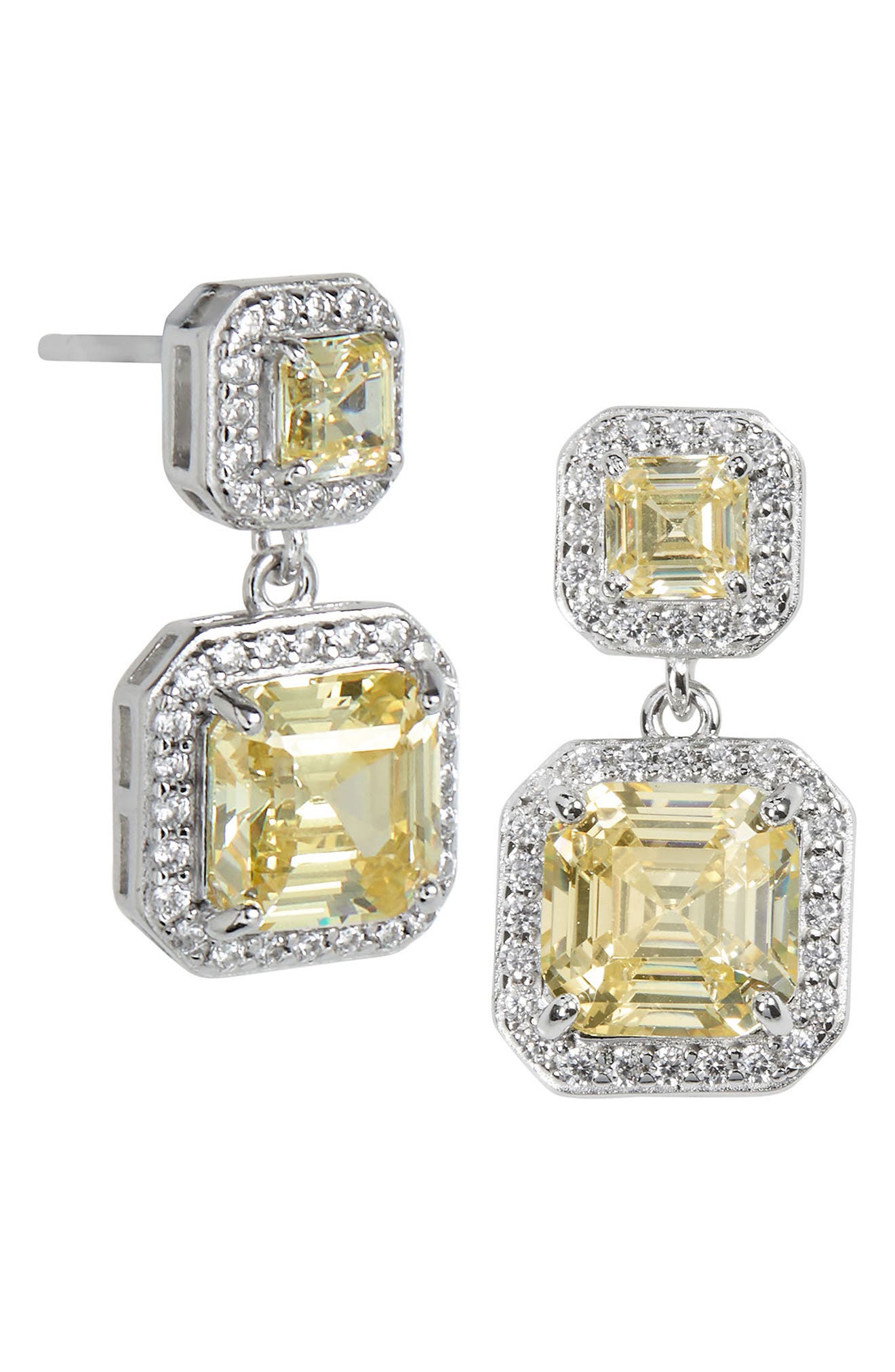 SAVVY CIE JEWELS Rhodium Plated Sterling Silver Asscher Cut Canary CZ Double Drop Earrings
