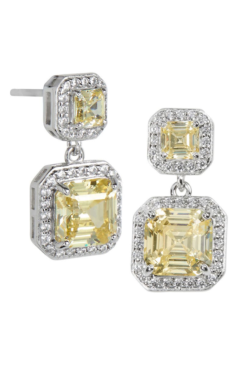 SAVVY CIE JEWELS Rhodium Plated Sterling Silver Asscher Cut Canary CZ Double Drop Earrings, Main, color, White