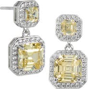 SAVVY CIE JEWELS Rhodium Plated Sterling Silver Asscher Cut Canary CZ Double Drop Earrings