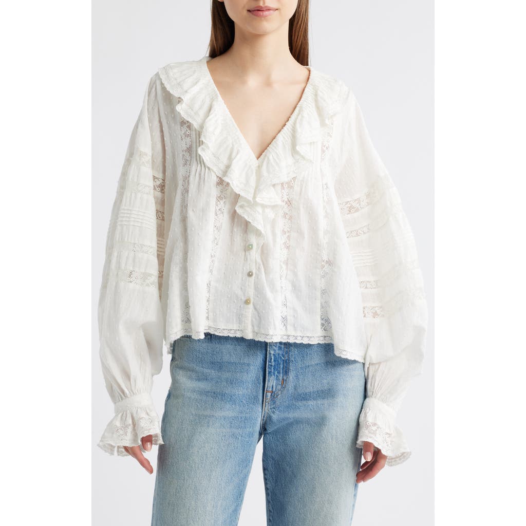 Loveshackfancy Rosabelle Lace Inset Clip Dot Button-up Shirt